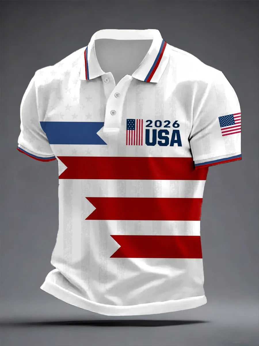 Men's USA Soccer Supporter Printed Retro Round Neck Short Sleeves Polo-Shirt